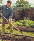 Man using wooden hoe handle replacement 47 inch long with tapered end in garden, fits hollow hoe forks, shovels, rakes.