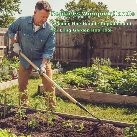 Man using wooden hoe handle replacement 47 inch long with tapered end in garden, fits hollow hoe forks, shovels, rakes.
