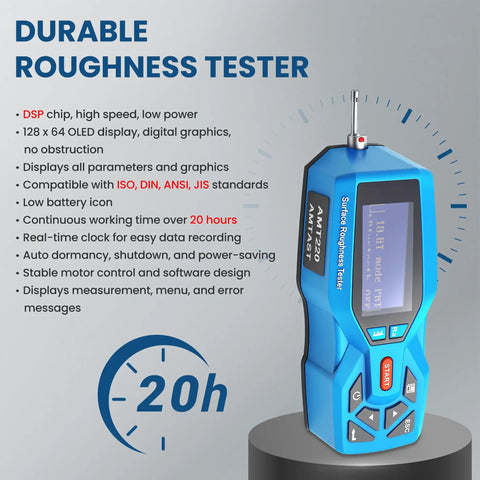 Handheld Digital Surface Roughness Meter With 22 Parameters, blue device with OLED display and control buttons