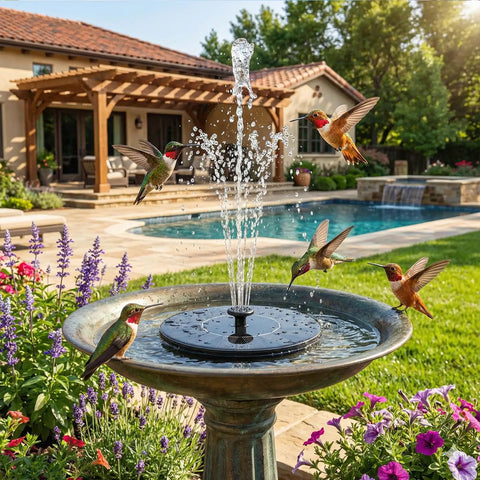 Floating Solar Fountain For Bird Bath And Outdoor Ponds, Sun Powered Water Pump working in garden with bird bath
