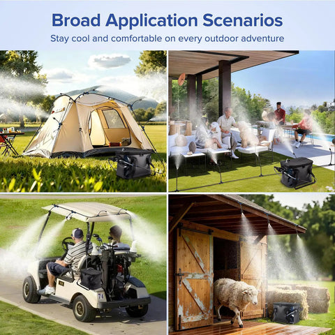 Portable Outdoor Misting System For Patio Cooling With Ultra Fine Mist Beating The Heat, 4500mAh Water Pump, 20L Bucket, 8 Nozzles in use
