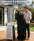 Person installing Heavy Duty Tough As Nails Square Patio Heater Cover Waterproof Outdoor Heater Cover With Adjustable Drawstring on propane heater