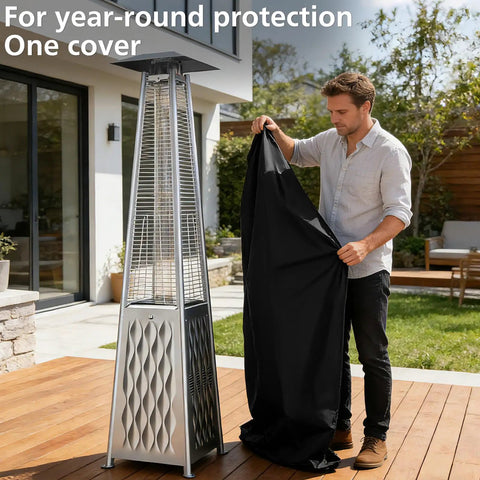 Person installing Heavy Duty Tough As Nails Square Patio Heater Cover Waterproof Outdoor Heater Cover With Adjustable Drawstring on propane heater