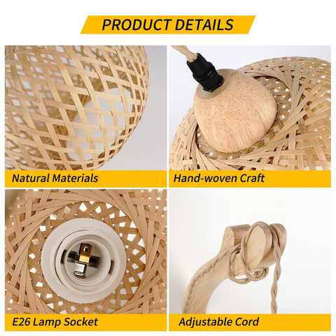 Hand Woven Bamboo Lantern Wall Sconce With Plug In Cord details, wicker rattan texture with E26 socket and adjustable cord