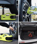Simtamy 5T 12V electric hydraulic car jack kit with LCD touchscreen; green portable tire-change tool shown lifting a car.
