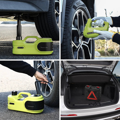 Simtamy 5T 12V electric hydraulic car jack kit with LCD touchscreen; green portable tire-change tool shown lifting a car.