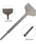 Durable SDS Plus 4 Piece Chisel Set For Hammer Drills With Thinset Scraping Bit shown with 3 inch thinset chisel and SDS-Plus shank