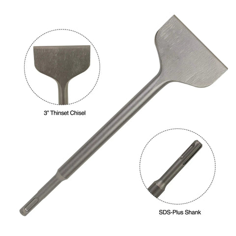 Durable SDS Plus 4 Piece Chisel Set For Hammer Drills With Thinset Scraping Bit shown with 3 inch thinset chisel and SDS-Plus shank