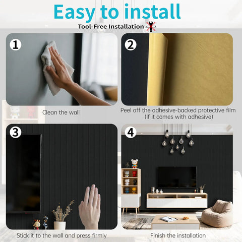Installation steps for 12 Pack Large Acoustic Wall Panels Covering 92.8 Square Feet With Solid Peel And Stick Sound Absorbing Backing To Knock Down Echoes And Elevate Your Home Studios Offices Or Media Rooms In Black.
