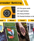 Settings for Power Spreader For Dewalt 20V And 60V Batteries, Seed and Fertilizer Spreader for Year Round Yard Care visible in use.