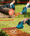 Six In One Cordless Pole Saw And Hedge Trimmer with 8in chainsaw, 5.9in grass shears, 12in hedge trimmer, and long reach telescopic pole