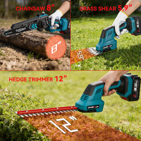 Six In One Cordless Pole Saw And Hedge Trimmer with 8in chainsaw, 5.9in grass shears, 12in hedge trimmer, and long reach telescopic pole
