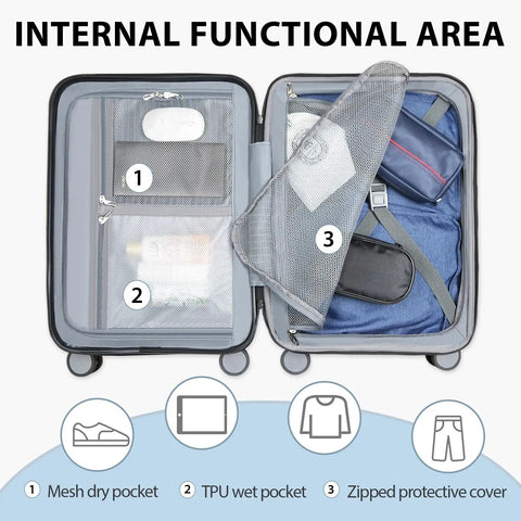Hard Shell Carry On Luggage With Spinner Wheels Expandable 21 Inch Cabin Suitcase Airline Approved Built In TSA Lock Black Durable Travel Rolling Bag For Overhead Bin Fits Most Airlines 36L Capacity Go To Travel Buddy, showing internal compartments and organizational pockets.