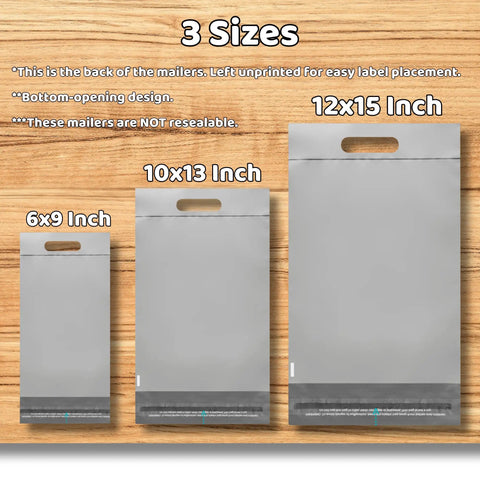 Three frosted poly mailers with handles in sizes 6x9, 10x13, and 12x15 inches on wood background.