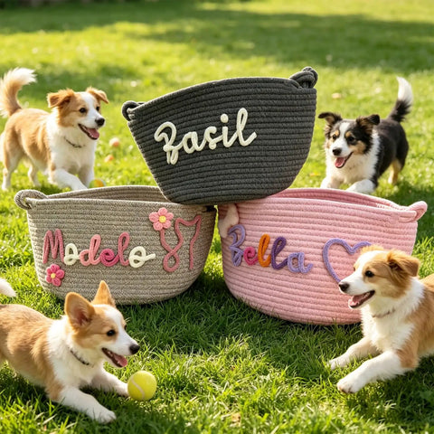 Custom Pet Toy Basket With Name Embroidery, large durable cotton rope toy storage bin for dogs and cats in 9 colors on grass
