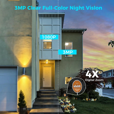 Image showcasing Solar Powered Outdoor Security Camera 2K with 360 Degree Pan Tilt installed on a home exterior at dusk.