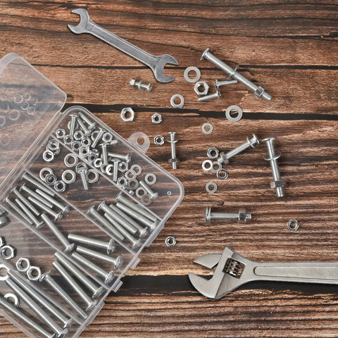 Premium Galvanized Bolts Nuts And Washer Set 120 Piece Kit For DIY Home Repair With 40 Bolts 40 Nuts And 40 Washers organized in a box