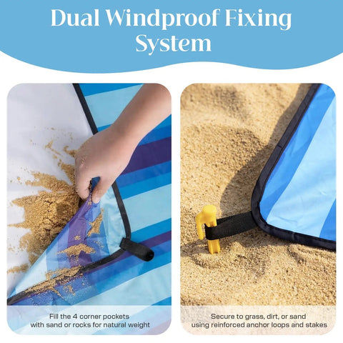 Extra Large Beach Blanket Waterproof And Sand Free For 3 To 4 People 7 By 7 Feet Lightweight Beach Mat duel windproof system