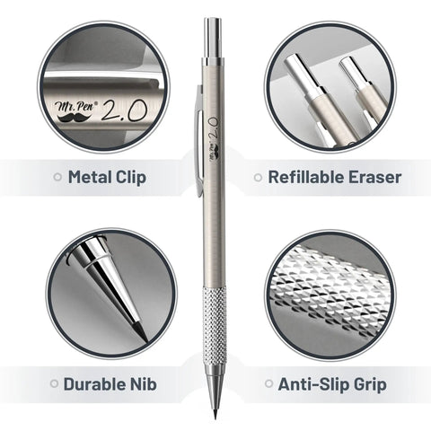 All Metal Mechanical Pencil Set Built For Drafting And Sketching With Five Lead Sizes 0.3 0.5 0.7 0.9 And 2.0 mm Pro Grade, features close-up metal clip, refillable eraser, durable nib, and anti-slip grip.