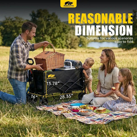 Family using Foldable Wagon Cart With Drop Down Tailgate For Groceries And Gear, Heavy Duty Utility Beach Cart With All Terrain Wheels, Ideal For Camping, Gardening, Shopping, Sport, And Dog Wagons in a park.