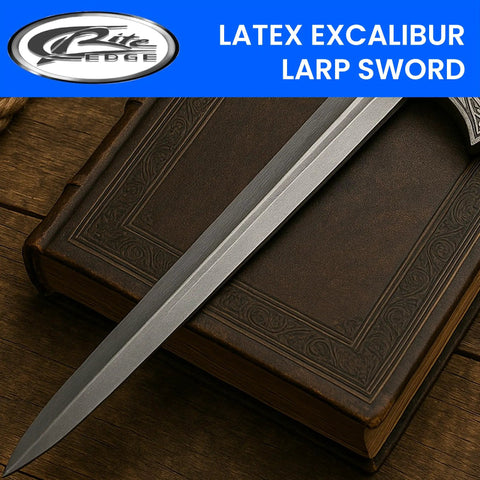 28 Inch Latex Excalibur LARP Sword with black and silver finish resting on a leather-bound book, medieval cosplay prop