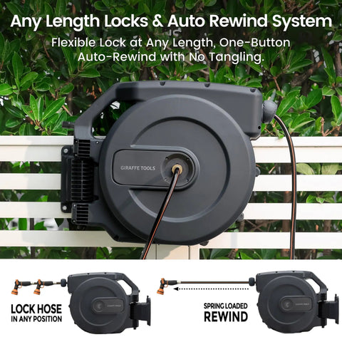 Retractable Garden Hose Reel With Five Eighth Inch Hose 115 Plus Five Feet Wall Mounted Auto Rewind in garden setting