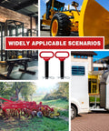 Collage showing fitness equipment, construction vehicles, agriculture machinery, and trailer with 2 Pack 1 Inch Clevis Hitch Pins With Red Rubber Coated Handle And 3.35 Inch R Clip Black Powder Coated For Ball Mounts ATV And Hitch Accessories Durable U Shaped Clamp Pins For Secure Quick Release