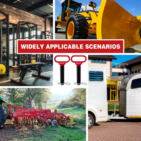 Collage showing fitness equipment, construction vehicles, agriculture machinery, and trailer with 2 Pack 1 Inch Clevis Hitch Pins With Red Rubber Coated Handle And 3.35 Inch R Clip Black Powder Coated For Ball Mounts ATV And Hitch Accessories Durable U Shaped Clamp Pins For Secure Quick Release