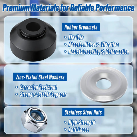 Universal 3/8 Inch Sway Bar End Link Bushing Repair Kit For Cars, Trucks, And SUVs Stop Clunks, Tighten Steering, Easy DIY Suspension Refresh With Durable End Link Bushings. Rubber grommet, washer, and nut components