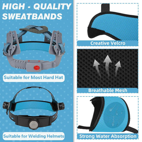 Keeps You Cool With Cooling 3 Layer Breathable Hard Hat Sweat Bands Set image showing sweatband features and welding helmet compatibility