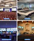 Collage showing 1080P Wireless HDMI Transmitter And Receiver Kit used in meeting, learning, monitoring, and church settings.