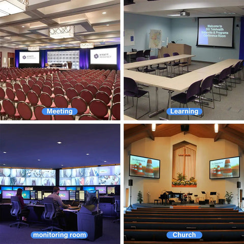 Collage showing 1080P Wireless HDMI Transmitter And Receiver Kit used in meeting, learning, monitoring, and church settings.