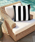 Two Pack Outdoor Throw Pillows 18x18 Inches All Weather Water Resistant With Inserts For Patio Furniture Couch Sofa Poolside Black White Decor Cushions on wicker chair by pool