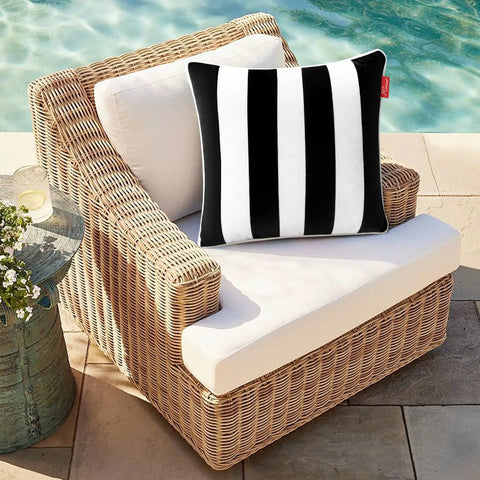 Two Pack Outdoor Throw Pillows 18x18 Inches All Weather Water Resistant With Inserts For Patio Furniture Couch Sofa Poolside Black White Decor Cushions on wicker chair by pool