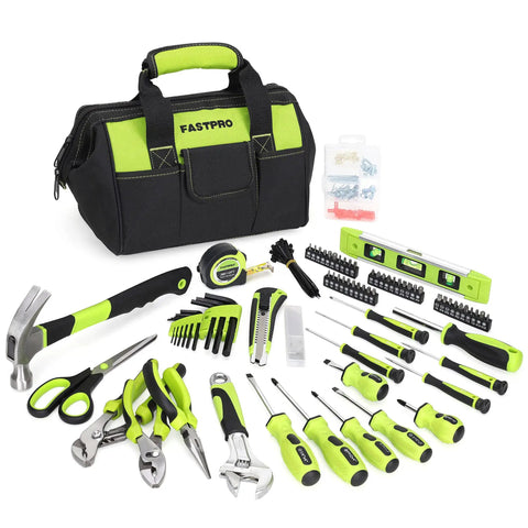 220-Piece Home Tool Set For DIYers And Weekend Warriors, Complete Household Repair Kit with tools laid out around a green bag