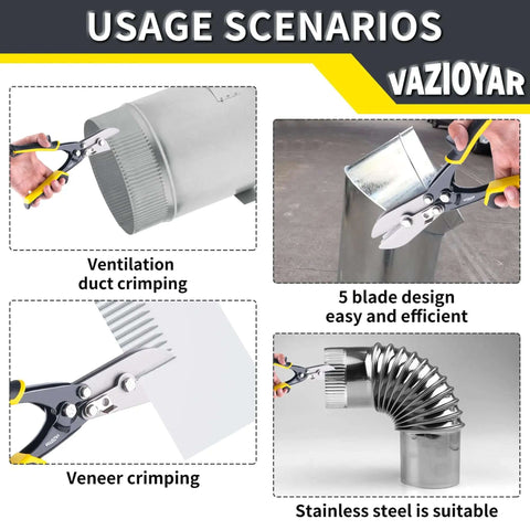 5 Blade Sheet Metal Crimping Tool For 22 Gauge Galvanized Steel And 28 Gauge Stainless Steel Pro Grade Build For Downspouts Ductwork Gutters And HVAC Crimping in use for various metal crimping scenarios.