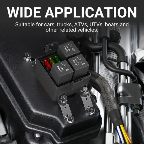 12V Three Way Waterproof Relay Box With Pre Wired Fuses And Relays installed in engine, showcasing 3x4 pin, 40A relay, ATC ATO fuses.