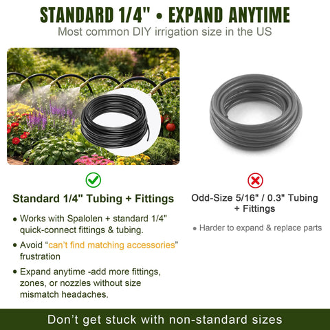 Image comparing standard 1/4 inch tubing with fittings for 100 Ft Drip Irrigation Kit With Dual Zone Misting System and odd-size tubing.