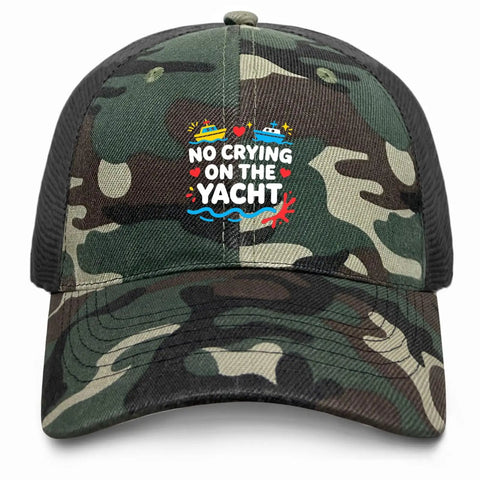 Front view of camo unisex cotton baseball hat trucker cap with yacht graphic, breathable dad hat for golf and casual wear.