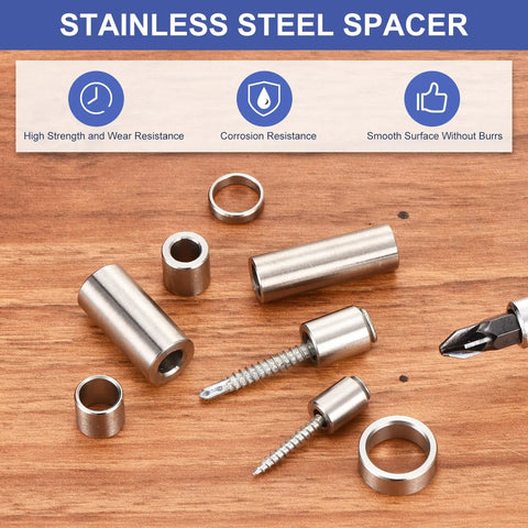 Top Shelf 304 Stainless Steel Spacers 16 Pc Pack 1/2 Inch Inner Diameter By 5/8 Inch Outer Diameter displayed on wood.