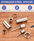 Front view of uxcell 304 stainless steel spacer set, 8-pack, 12mm ID x 16mm OD x 12mm long, unthreaded cylindrical standoffs
