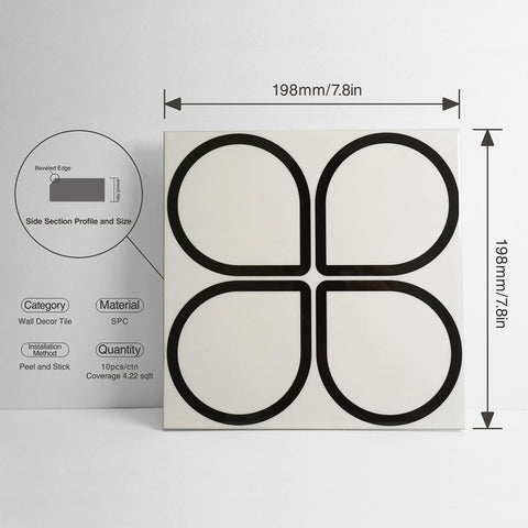 Cream Glossy White Peel And Stick Backsplash Tiles With Floral Modern Design, DIY Friendly Faux Ceramic Self Adhesive Wall Tiles, 8x8 Inch, Waterproof, No Grout Needed, Easy Install For Kitchen Vanity Bedroom Fireplace, 10 Sheet Pack - shows tile dimensions and design pattern.