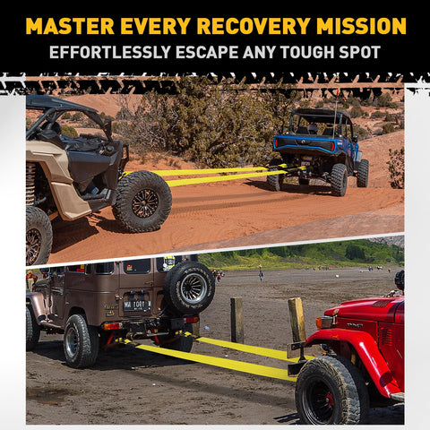 Beefed Up 3 Inch By 30 Foot Tow Strap Recovery Kit With Two Three Quarters Inch D Ring Shackles in action on off-road vehicles