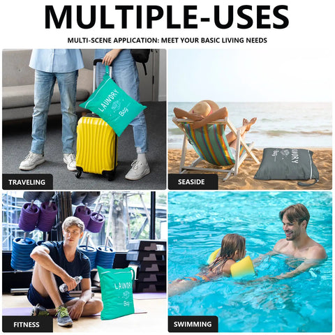 Collage showing Two Pack Large Travel Laundry Bags Waterproof Wet And Dry With Drawstring Closure used for travel, seaside, fitness, swimming
