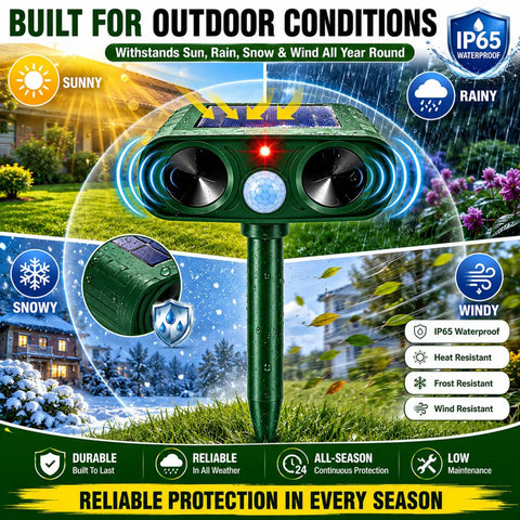 Two Pack Solar Ultrasonic Animal Repeller For Garden Outdoor Waterproof IP65 Motion Sensor Deterrent on stake, weatherproof