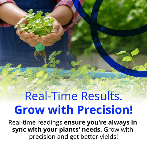 Person holding plant in greenhouse with text overlay promoting real-time results and precision in plant growth monitoring.