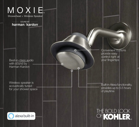 Matte black high pressure shower head with waterproof Bluetooth Harman Kardon speaker, featuring Alexa and hands-free music control.