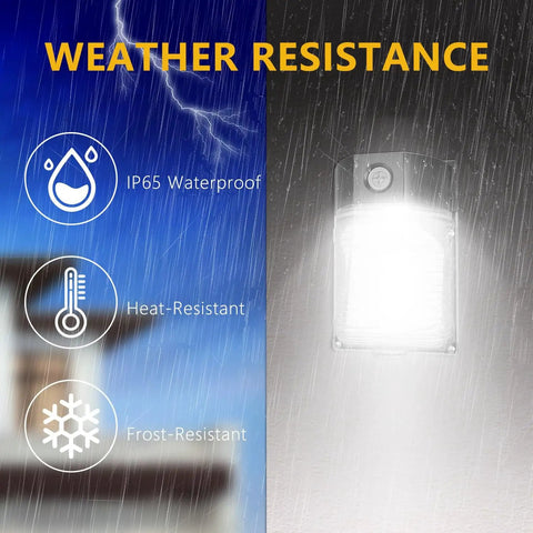 Beefy 30W LED Wall Pack Light With Dusk To Dawn Sensor, lit and showing weather resistance features in rain environment
