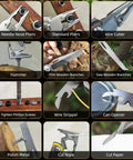Various uses of 17 In 1 Multitool Pliers With Flint Fire Starter And Carabiner Hammer, featuring 5Cr13 Steel Outdoor EDC Gear tools.
