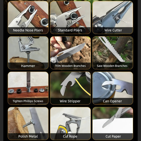 Various uses of 17 In 1 Multitool Pliers With Flint Fire Starter And Carabiner Hammer, featuring 5Cr13 Steel Outdoor EDC Gear tools.